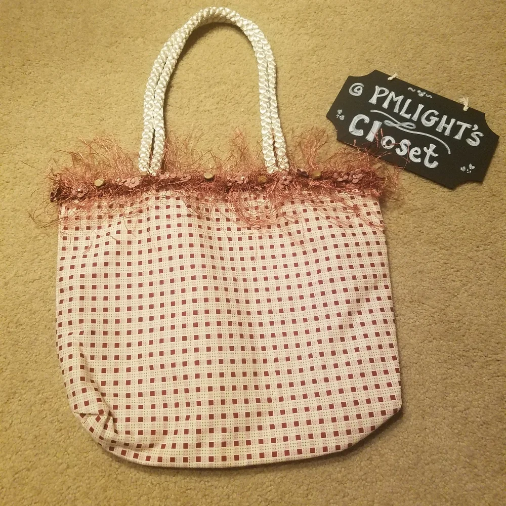 Pink Checked Tote Bag by Rosa with Beaded Trim